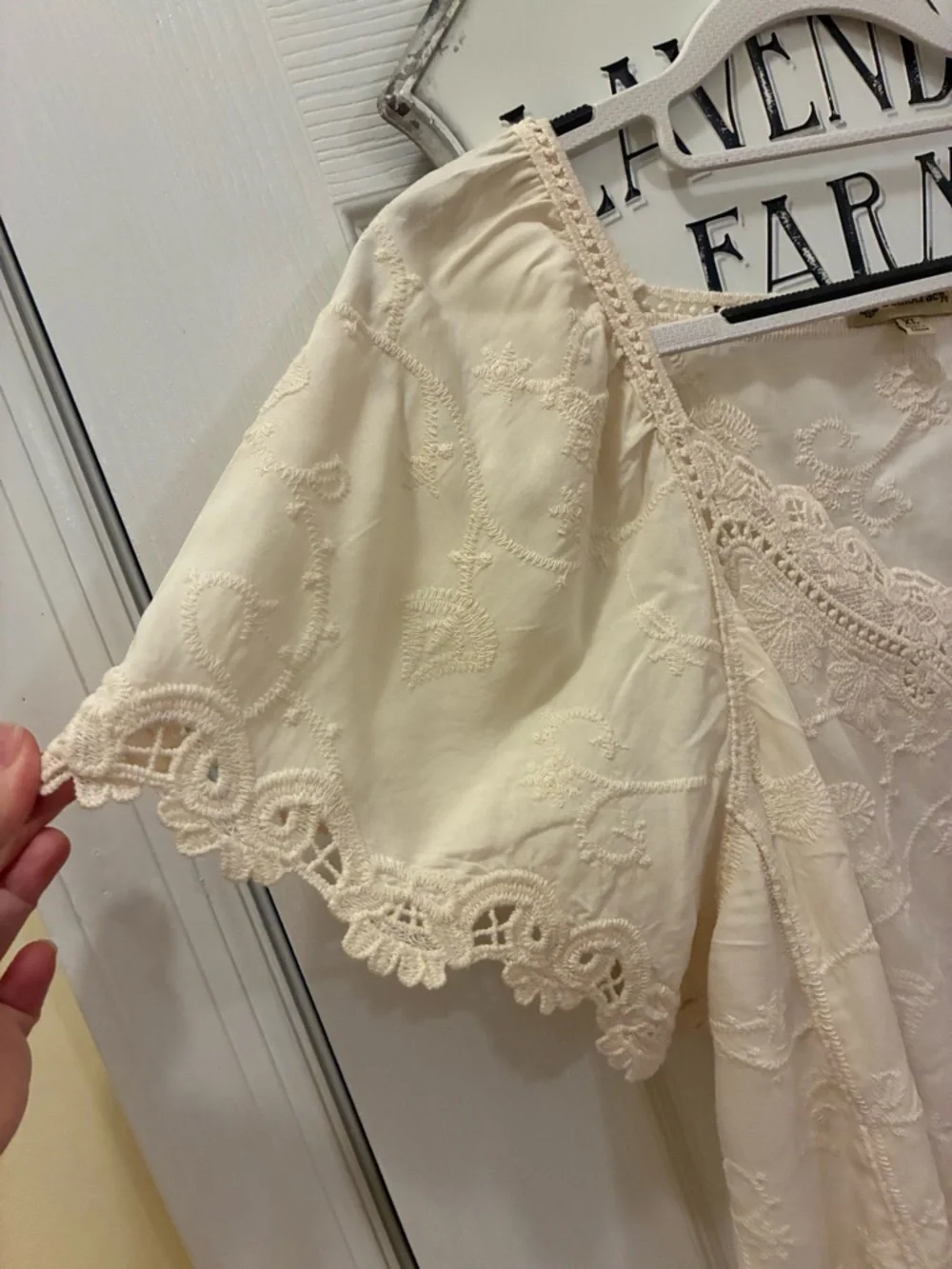 Democracy Cream Eyelet Lace Scoop Neck Flutter Sleeve Top - Picture 3 of 11